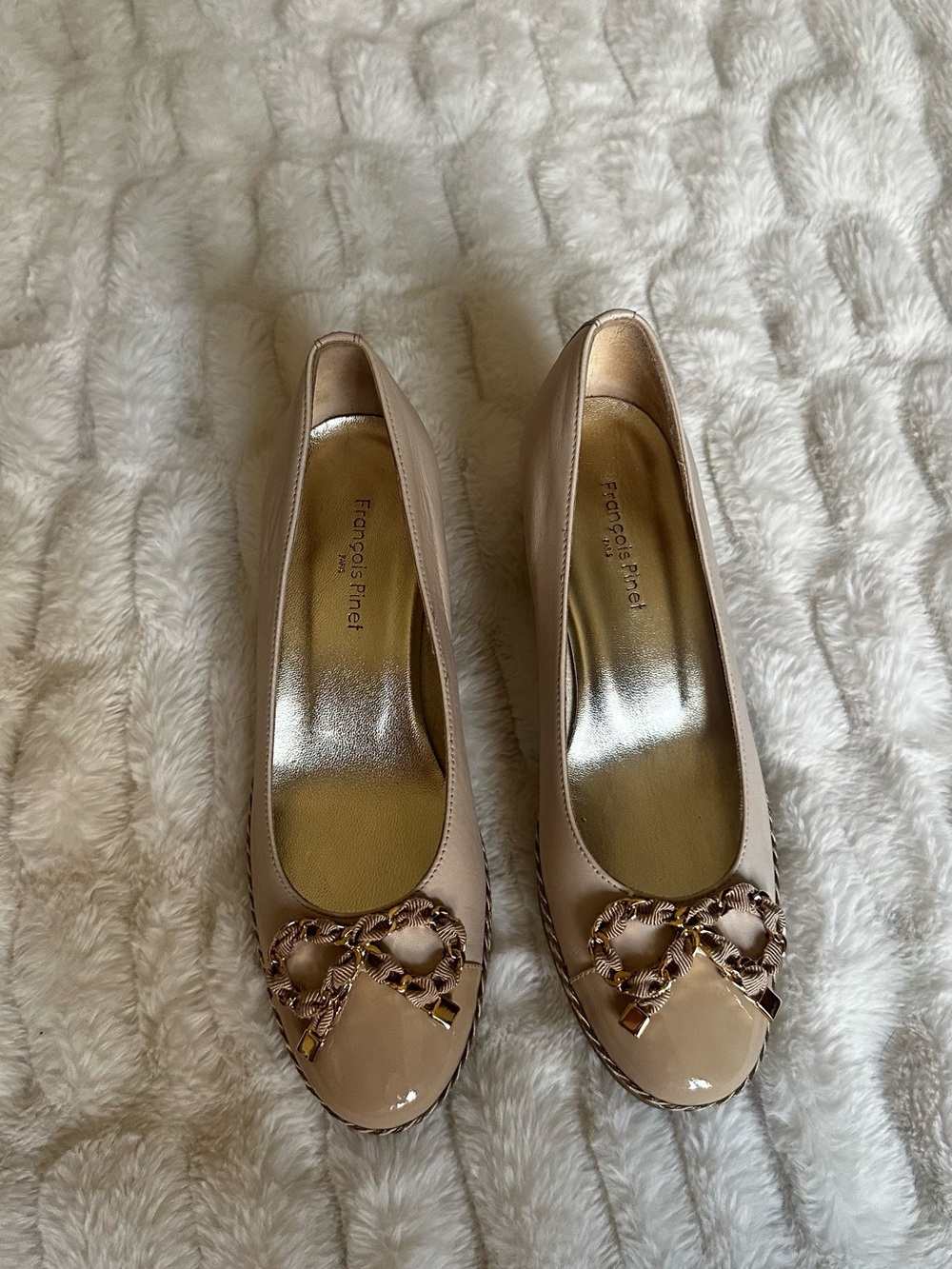 Nude Patent Wedge Ballet Flats with Decorative Bow